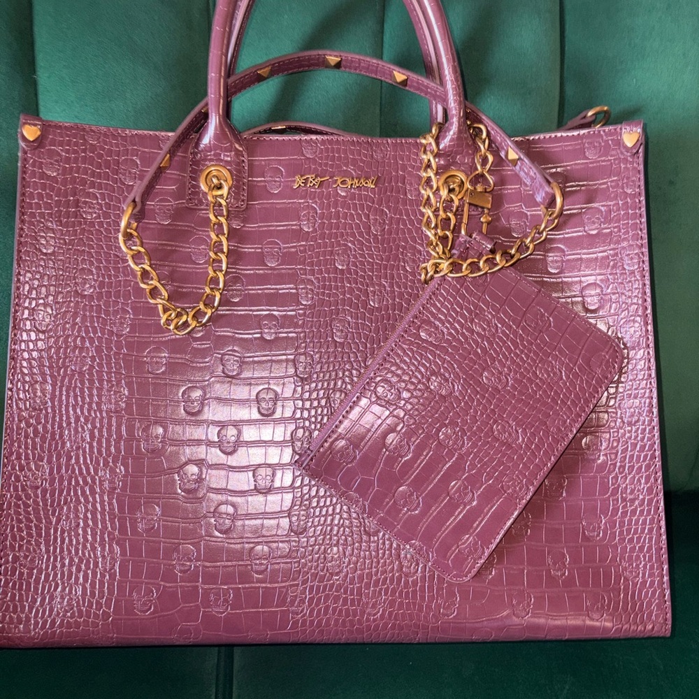 Betsey Johnson Pink Croc-Embossed Tote with Gold Chain